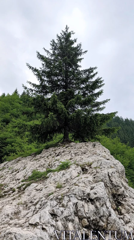 Evergreen Tree and Rocky Landscape AI Image