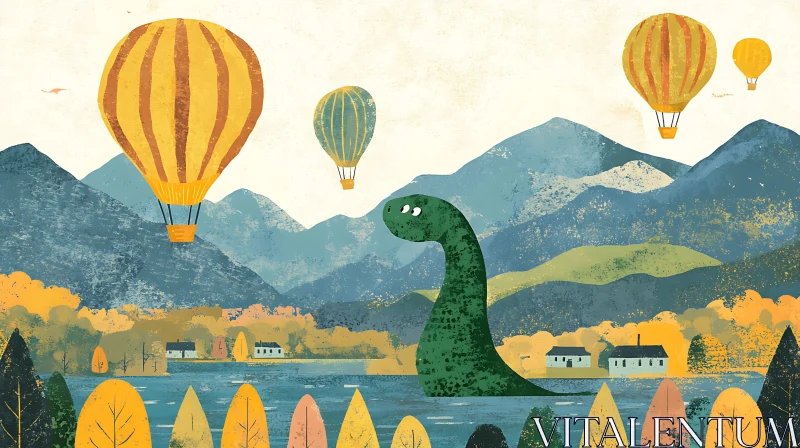 Fantastical Landscape with Hot Air Balloons and Dinosaur AI Image