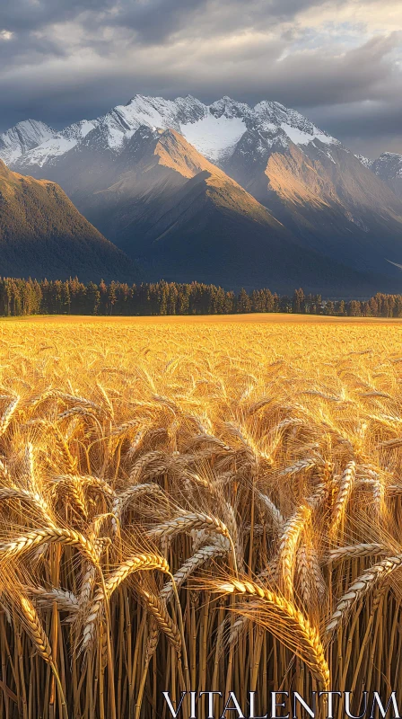 Golden Wheat Field at Sunset with Snowy Mountains AI Image