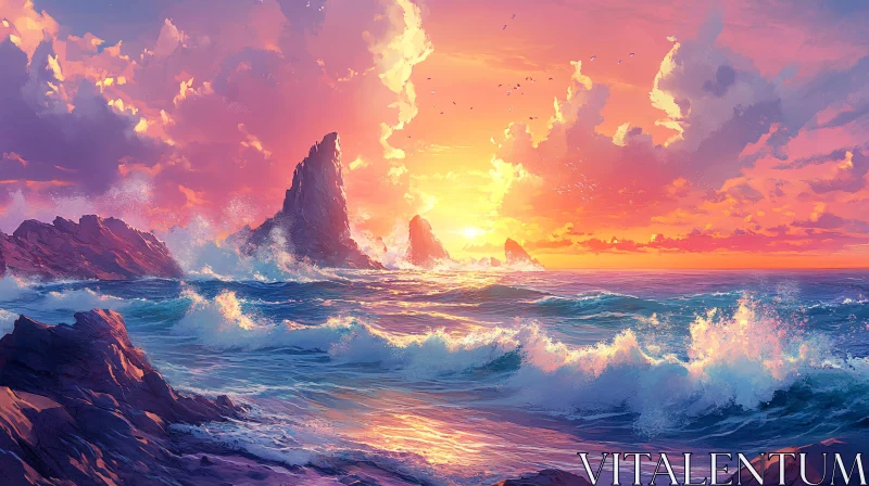 AI ART Dramatic Sunset Seascape with Vibrant Sky and Ocean Waves