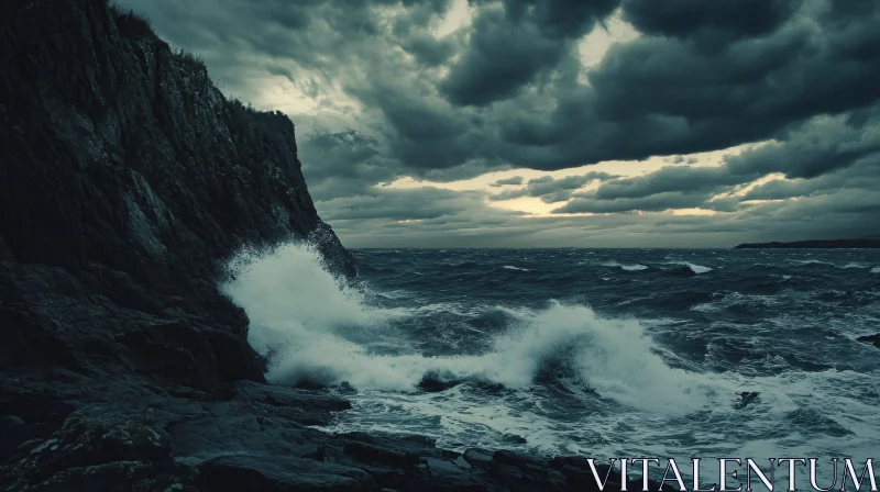 Moody Seascape with Cliffs and Stormy Waves AI Image