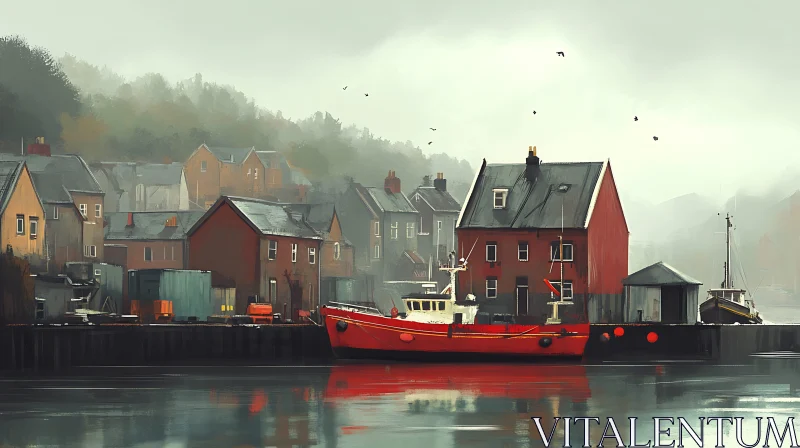 Serene Harbor with Red Boat and Foggy Village AI Image