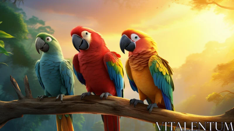 Colorful Parrots on Tree Branch in Evening Sky - Rendered in Cinema4D AI Image