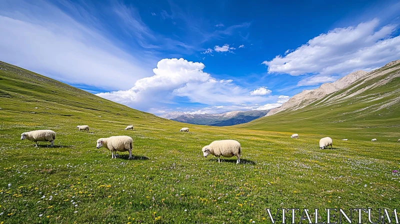 Sheep Grazing in a Picturesque Valley AI Image