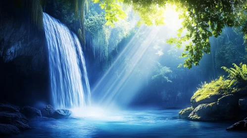 Cascading Waterfall in Sunlit Forest