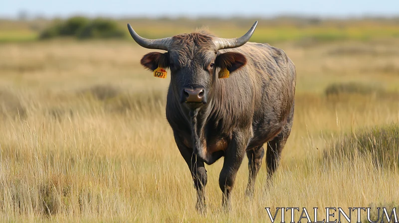 Bull in Open Plain with Horns and Ear Tag AI Image