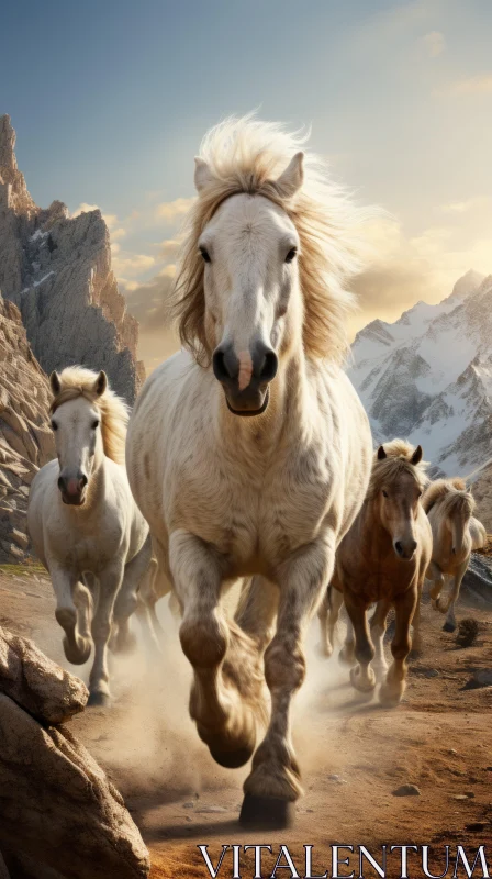 White Horses Running Wild in Mountainous Vistas AI Image