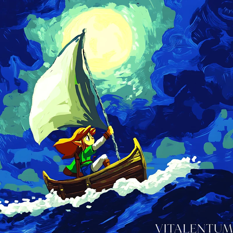 Cartoon Sailing at Night AI Image