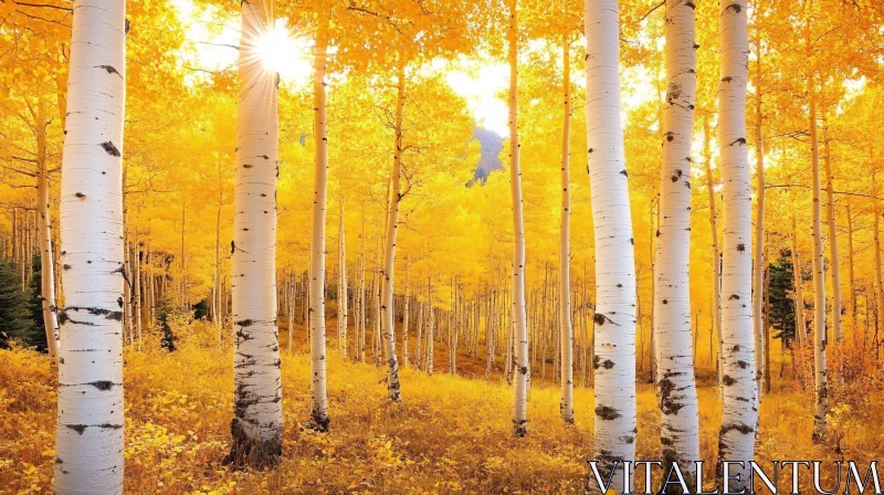 Golden Autumn Light in Birch Forest AI Image