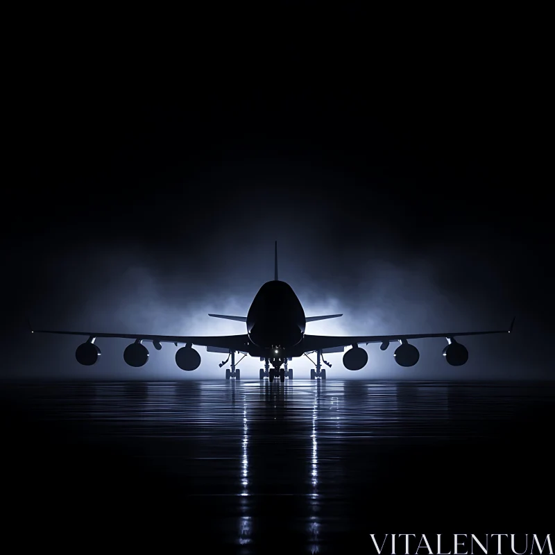 Front View of Airplane in Night Fog AI Image