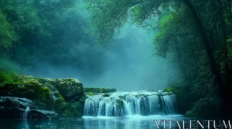 AI ART Tranquil Misty Waterfall in Lush Forest