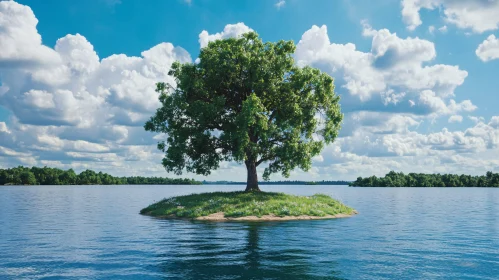 Serene Island with Lone Tree and Calm Waters