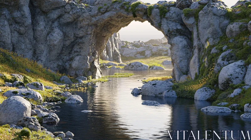 Tranquil River Under Natural Rock Arch AI Image