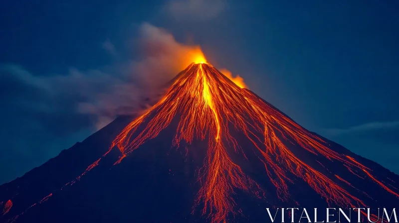 AI ART Nighttime Volcanic Eruption with Fiery Lava Streams