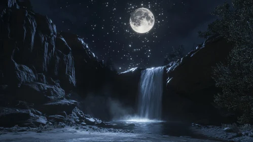 Moonlit Waterfall in Tranquil Night