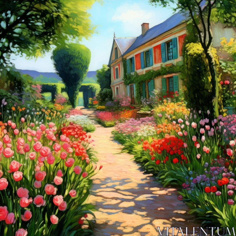 Garden Path: A Floral Landscape in Vivid Colors AI Image