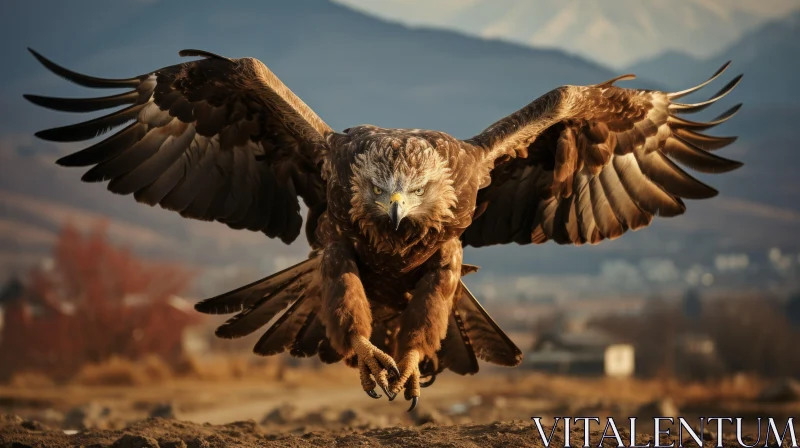 Majestic Golden Eagle Soaring Over Fields and Mountains AI Image