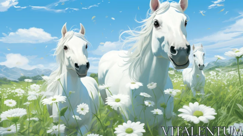 Playful White Horses Galloping in a Flower-filled Field - Cartoon Style Illustration AI Image