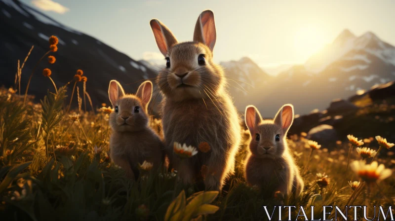 Sunset Charm: Three Rabbits in a Mountain Vista AI Image