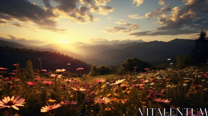 Sunset over Flower-Strewn Mountain Landscape AI Image