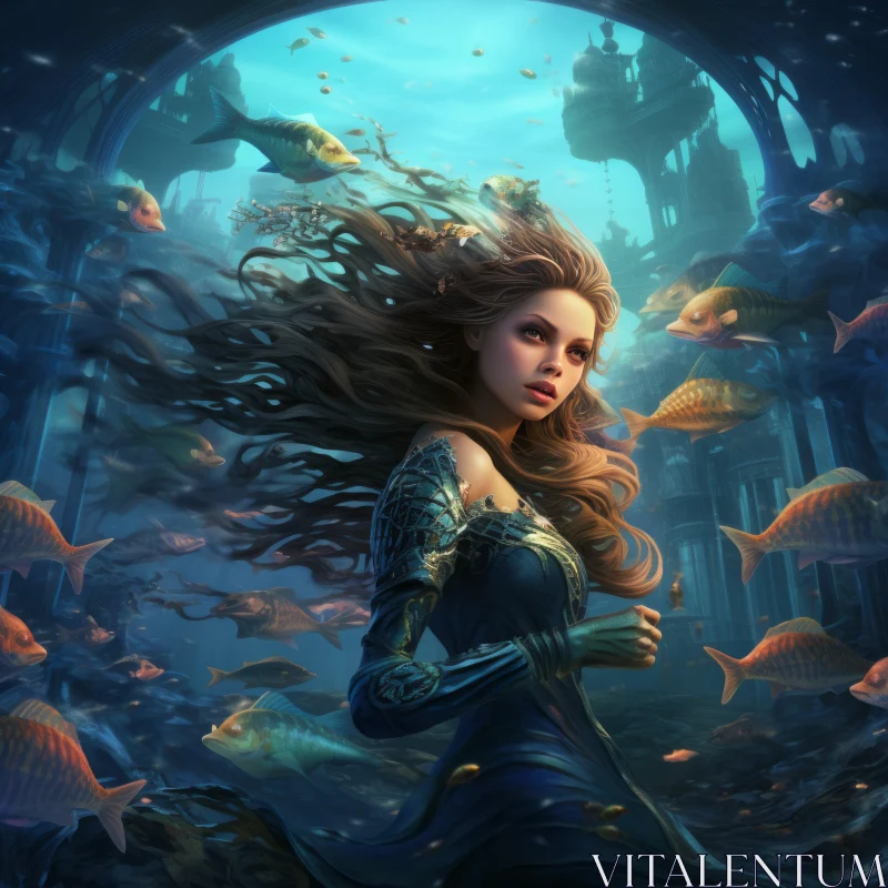 Underwater Fantasy: Woman amidst Sea Life and Grandiose Ruins AI Image