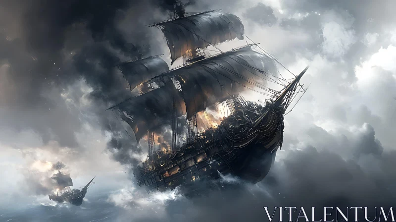 Pirate Ship Engulfed in Flames During Ocean Battle AI Image