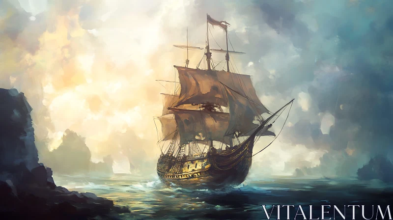 Sunset Voyage: A Grand Sailing Ship on Open Waters AI Image