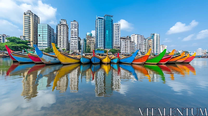 AI ART Urban Waterfront with Vibrant Boats