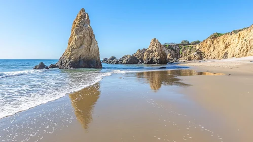 Tranquil Beach Scene with Towering Rocks and Reflections