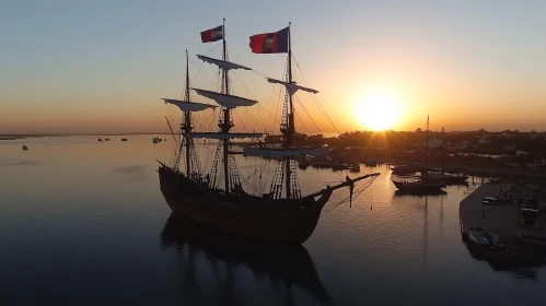 Tranquil Sunset Harbor with Majestic Sailing Ship