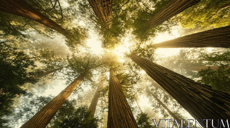 Sunlit Canopy of Towering Forest Trees AI Image