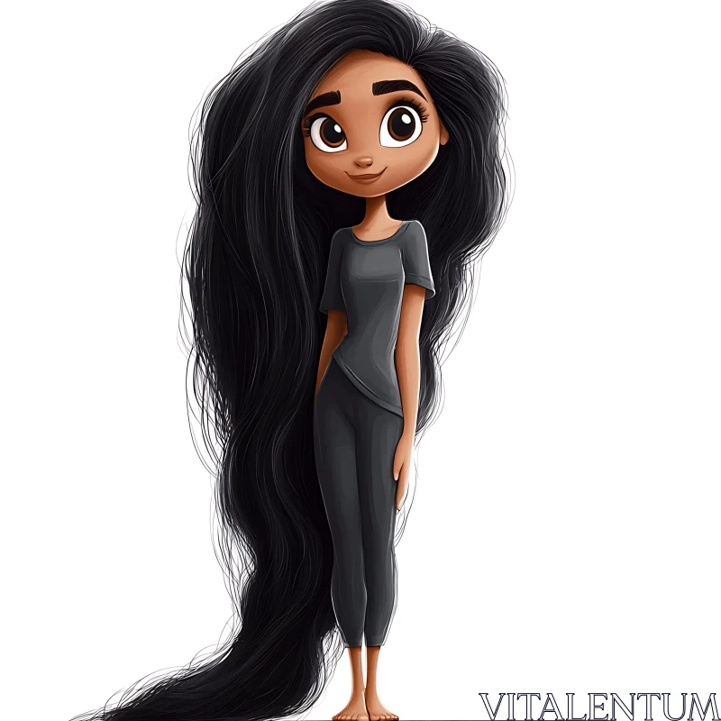 Cartoon Girl with Luxurious Hair and Black Ensemble AI Image