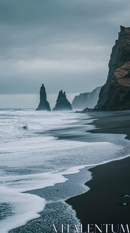 AI ART Serene Beach with Looming Cliffs and Ocean Waves