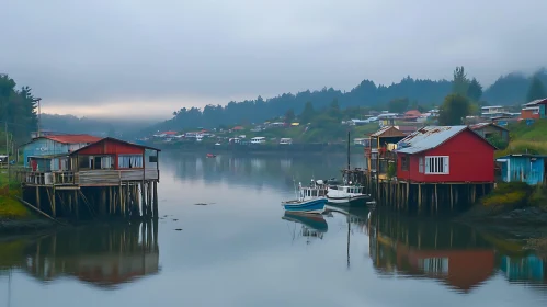 Tranquil Lakeside Homes and Boats at Dawn