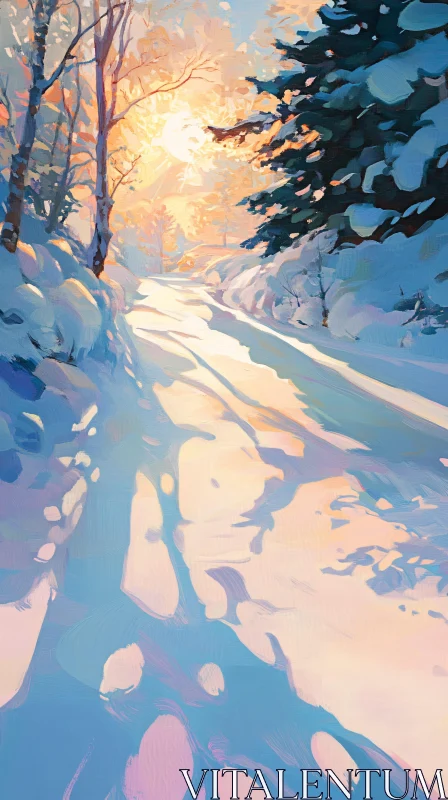 Snowy Forest Path with Sunset Glow AI Image