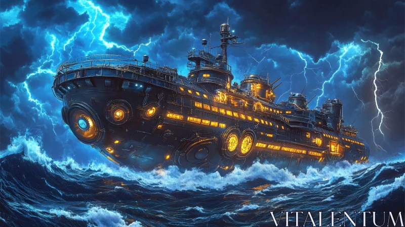 Advanced Vessel Amidst Storm with Lightning AI Image