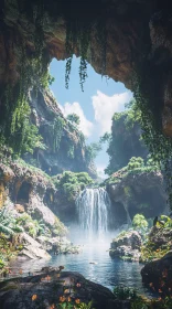 Scenic Cave Waterfall Landscape