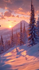 Snow Covered Pines at Sunset