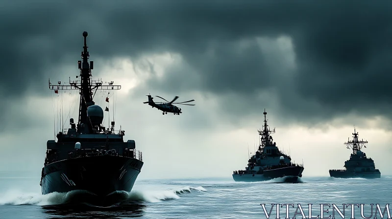 Three Navy Warships and a Helicopter in Action AI Image