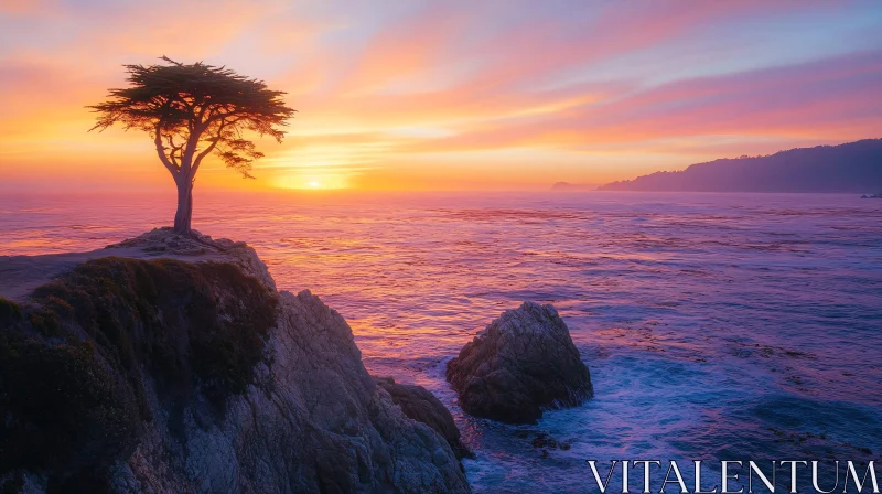 AI ART Solitary Tree at Dusk by the Sea