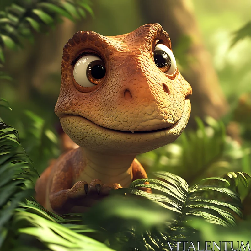 Cute Dino in Foliage - Jungle Scene AI Image