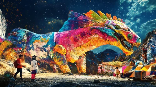 Fantasy Dinosaur with Colorful Scales Under Starry Sky