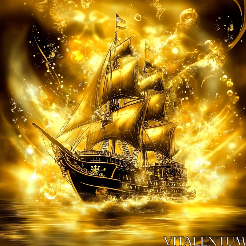 Fantastical Golden Sailing Vessel AI Image