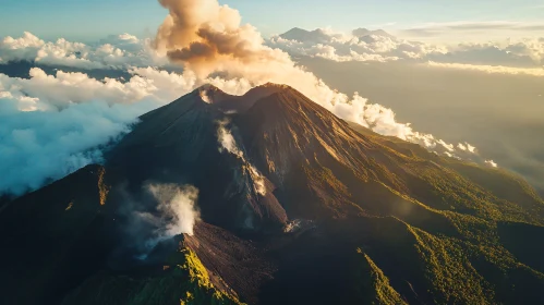 Scenic Aerial Shot of Volcano with Smoke and Clouds