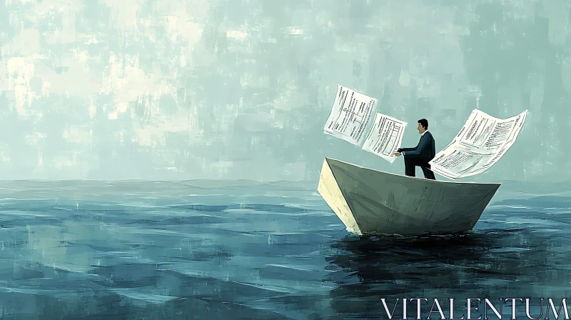 Businessman Reflecting on Paper Boat in Calm Waters AI Image