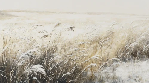 Tranquil Winter Landscape with Snow-Dusted Tall Grasses