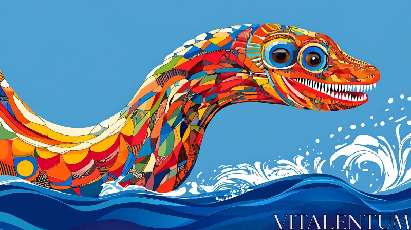 Vivid Geometric Sea Monster in Abstract Waves AI Image