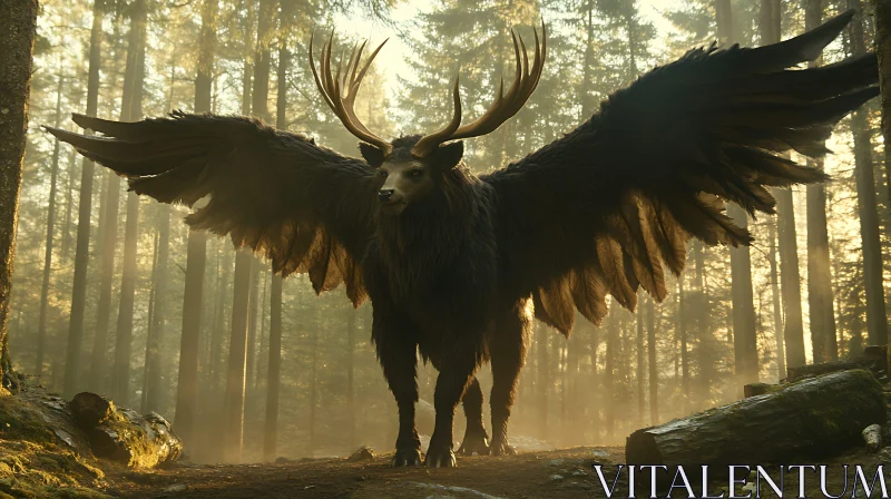 Mythical Winged Beast in Enchanted Woodland AI Image