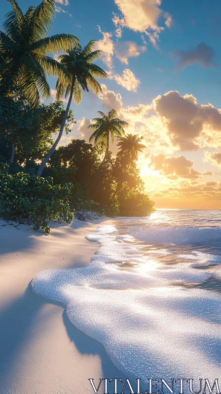 Beach Sunset with Lush Palm Trees and Waves AI Image