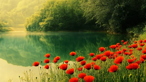 Serene Lake Surrounded by Greenery and Red Flowers